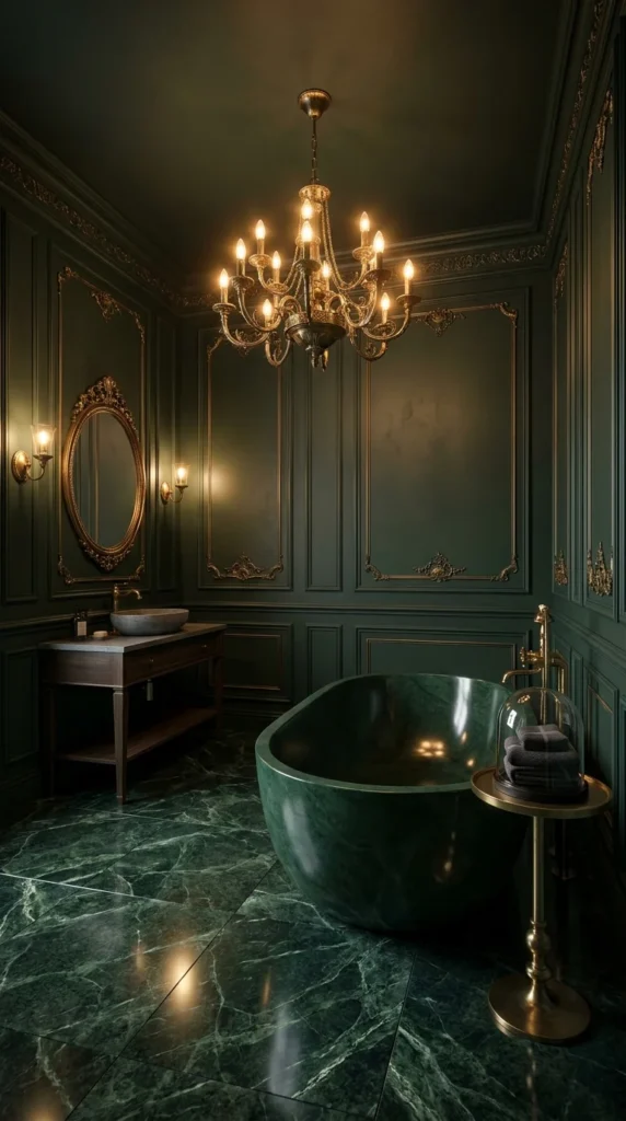  Ornate dark green paneled bathroom with crystal chandelier and marble floor