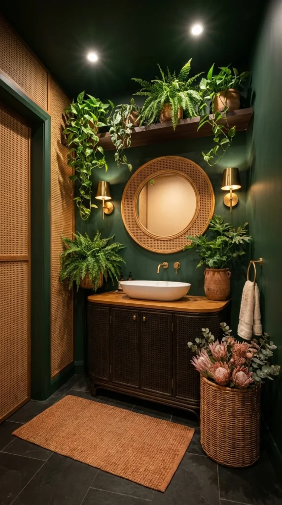  Dark green powder room with rattan mirror, cane vanity, and trailing plant shelf 
