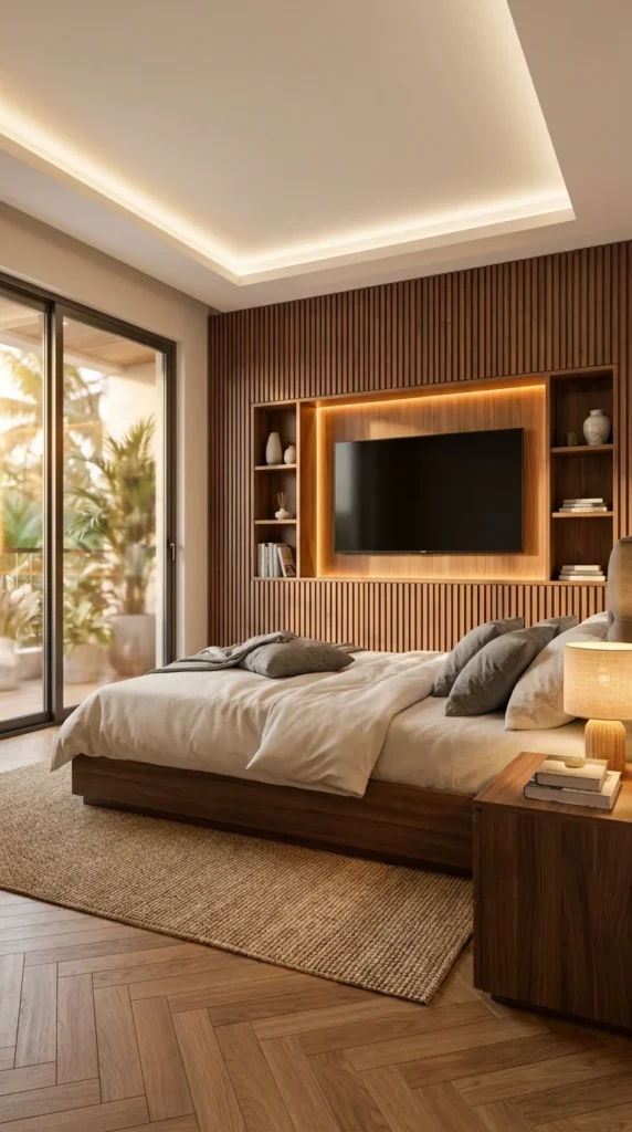 Walnut slat wall bedroom with recessed TV niche and open shelving