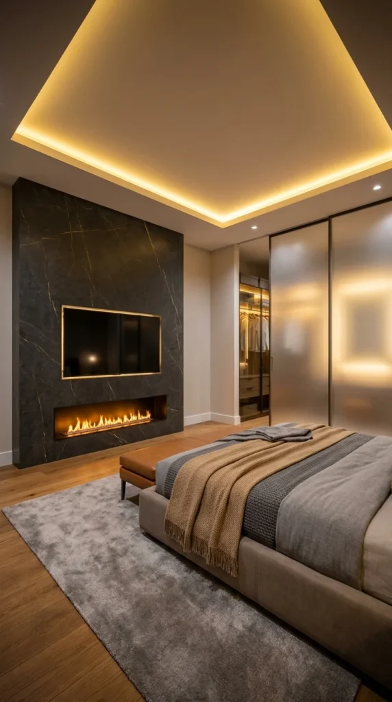  Black gold marble bedroom wall with linear fireplace under mounted TV 