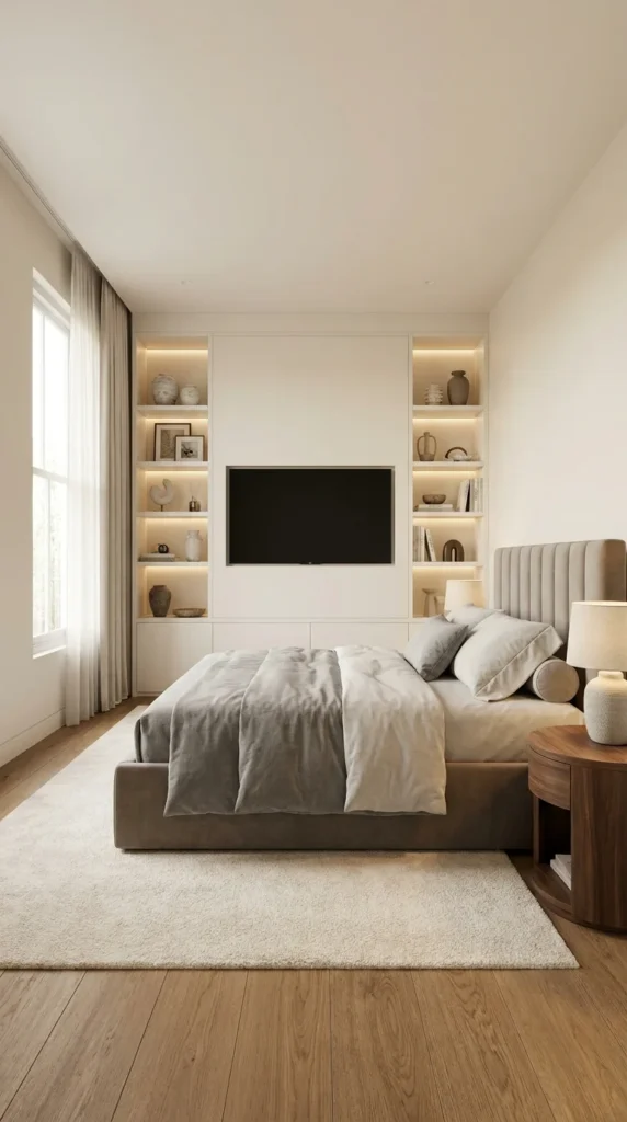 All white built-in bedroom wall unit with centered TV and open shelving 