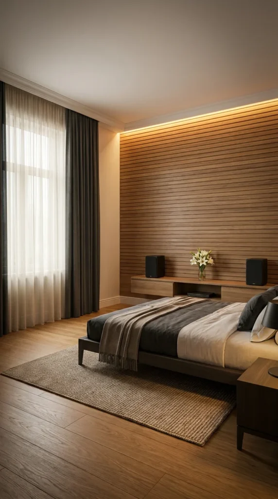 Horizontal wood slat bedroom wall with floating console and speakers