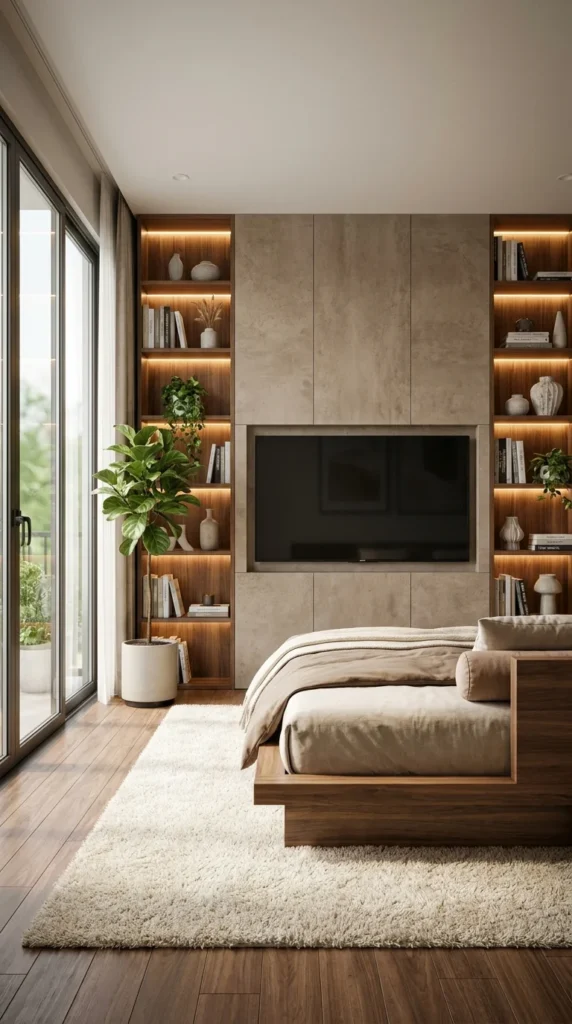 Stone panel bedroom TV wall with tall fiddle-leaf fig and walnut shelving