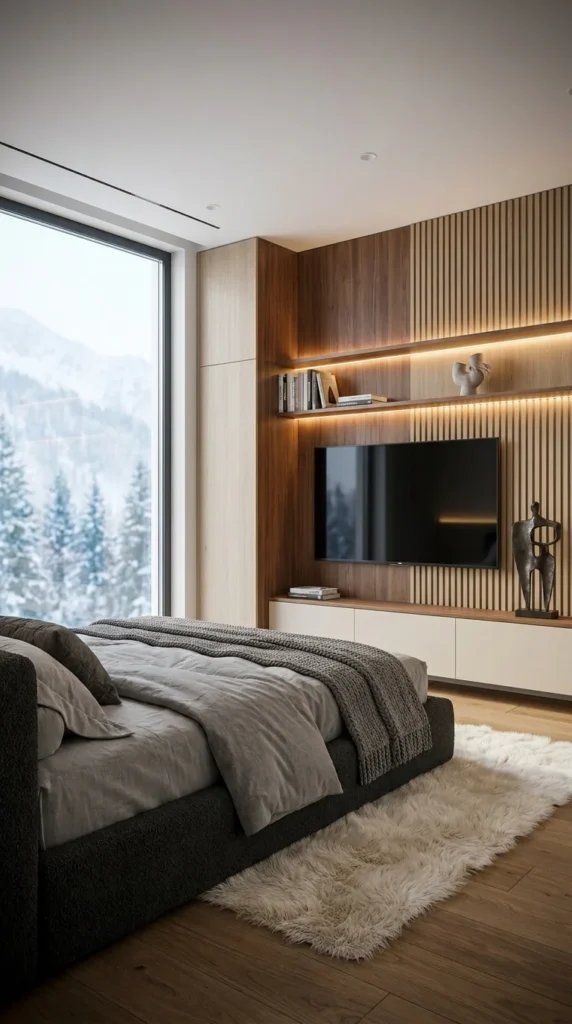 Mixed light and dark wood bedroom wall with TV and mountain window view 