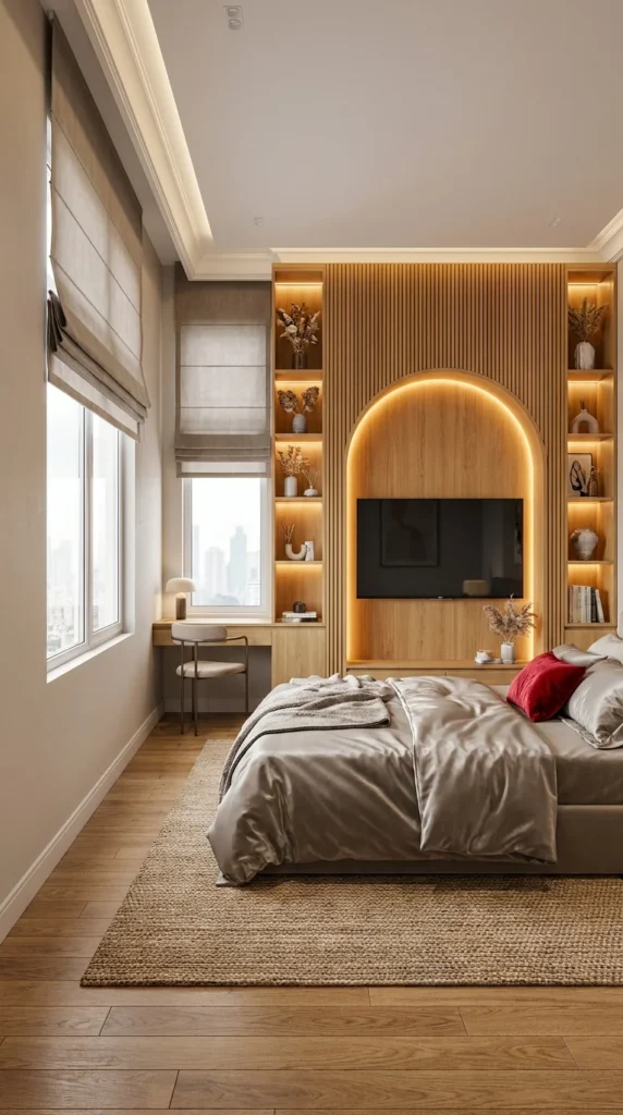  Backlit arched wood niche TV wall with desk nook beside a window