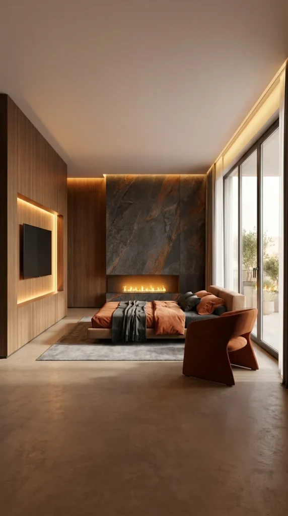  window Rust veined stone fireplace wall beside separate wood paneled TV niche 