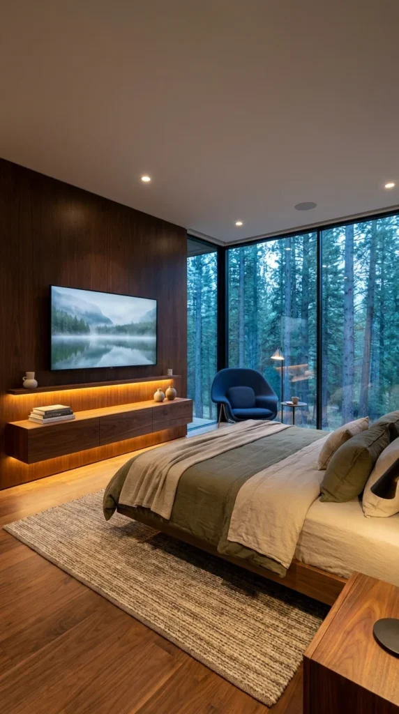  Frameless flush mounted TV on walnut wall facing forest view