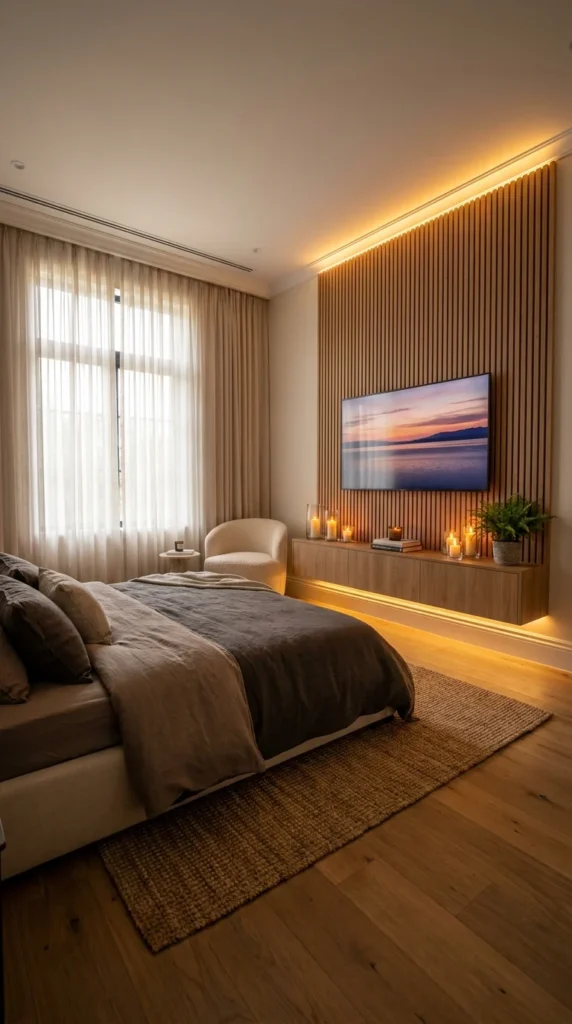 Wood slat TV wall with candlelit floating console styled like a hotel room 