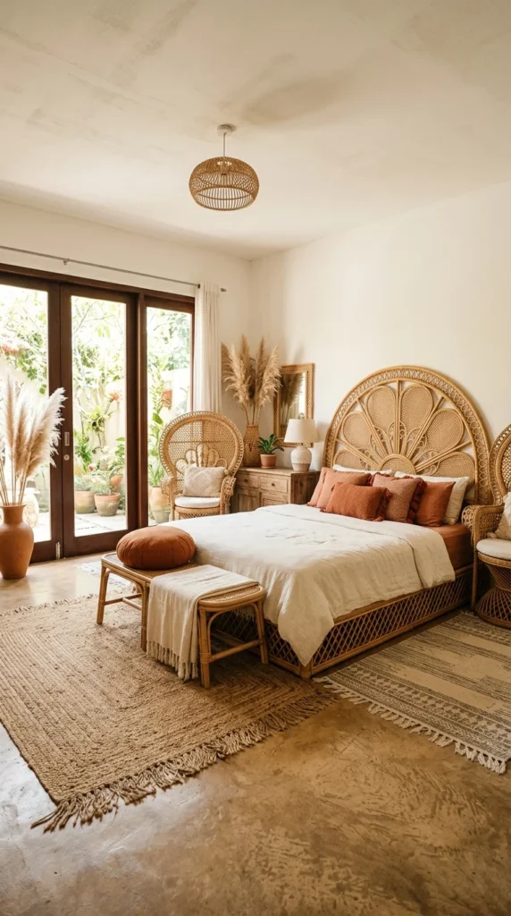 Rattan peacock-fan headboard bed frame in a terracotta boho bedroom with garden doors