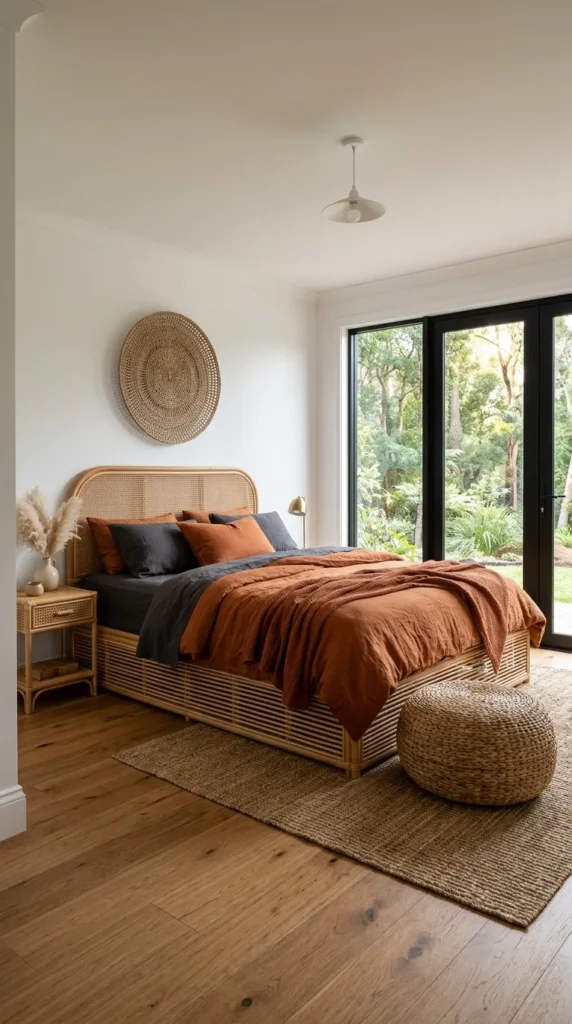 Caned rattan headboard bed frame styled with charcoal and rust bedding near a garden view
