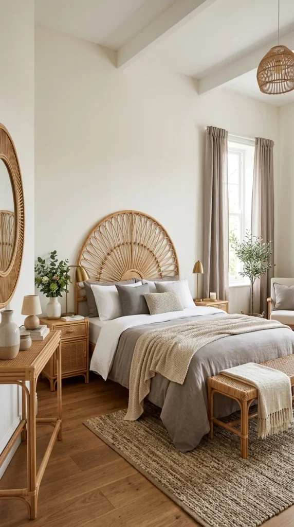 Elegant taupe rattan fan headboard bed frame in a tall-ceilinged bedroom with brass lamps