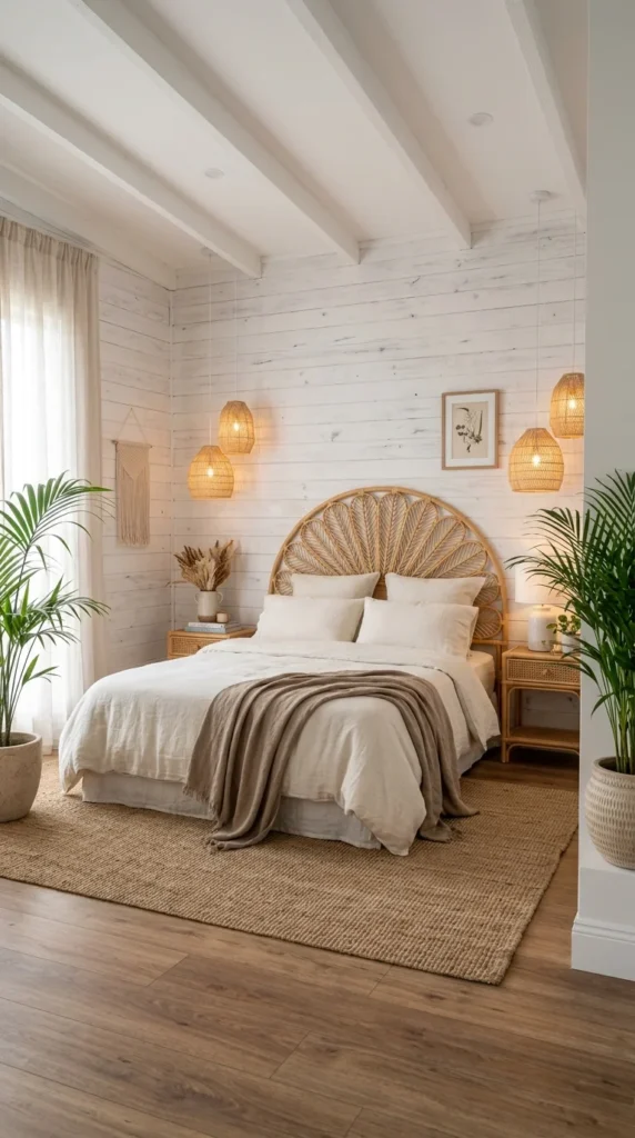 Rattan fan headboard bed frame flanked by twin rattan pendant lights on whitewashed shiplap wall