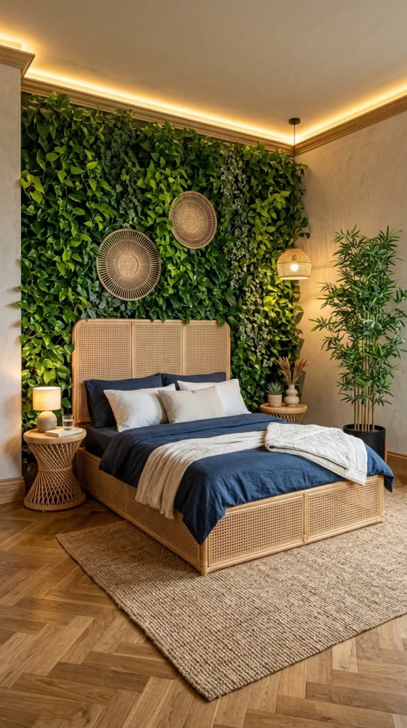 Caned rattan headboard bed frame against a living green wall with navy bedding and warm lighting