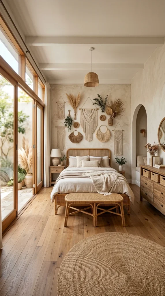 Slatted rattan headboard bed frame beneath a macrame and dried palm gallery wall arrangement