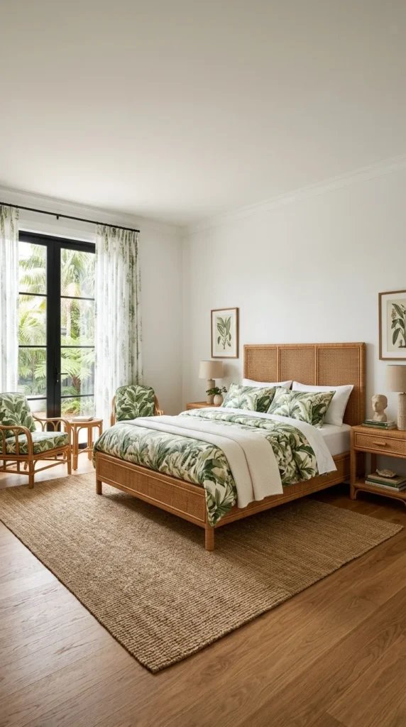 Caned rattan bed frame styled with tropical palm leaf print bedding and matching accent chair