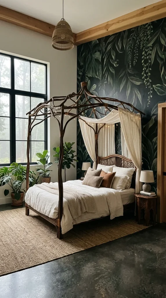 Branch-style rattan canopy bed frame with sheer curtains against dark botanical wallpaper