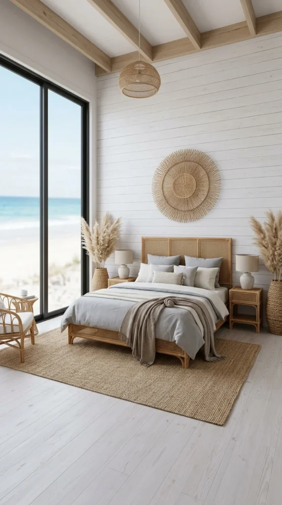 Caned rattan headboard bed frame in a coastal bedroom with a full ocean-view window wall