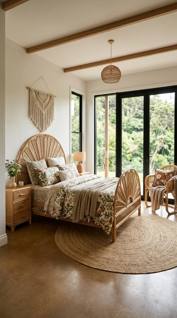 Rattan peacock-fan headboard and matching footboard bed frame with vintage floral bedding