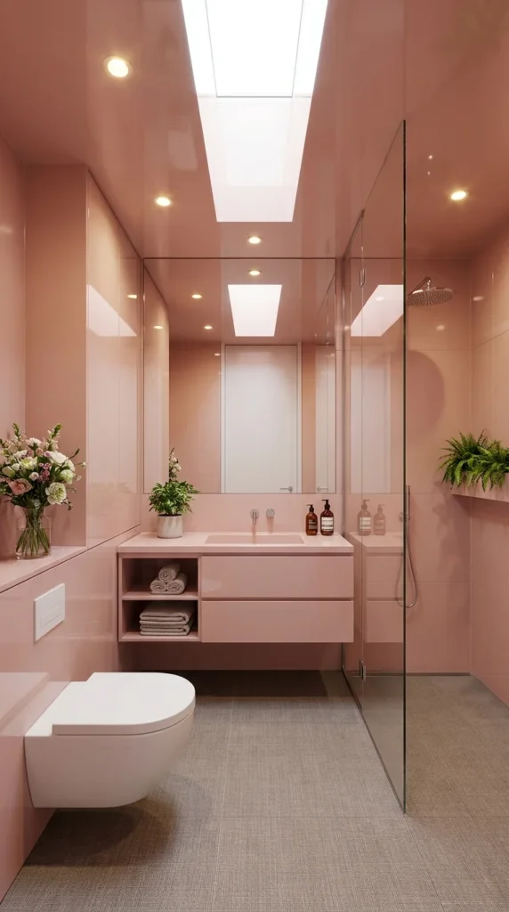  Glossy blush pink bathroom with full skylight, glass shower enclosure, and floating vanity