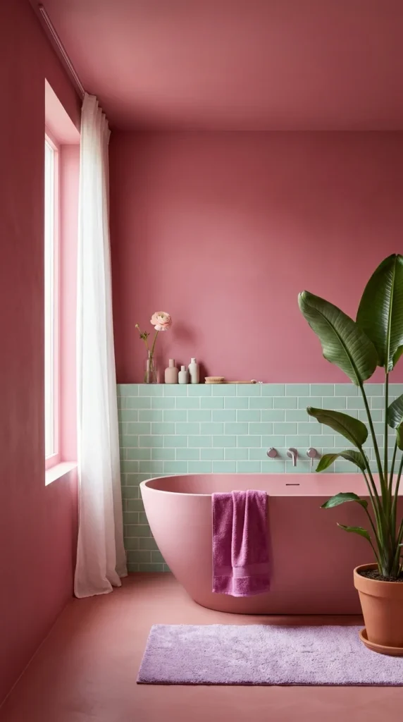  Rose pink bathroom with mint green subway tile and matching pink freestanding bathtub 