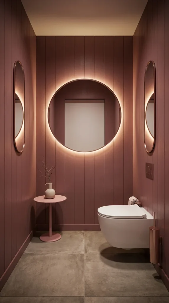  Dusty rose powder room with backlit circular mirror flanked by two oval mirrors and copper fixtures 