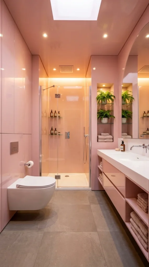 Glossy pink spa bathroom with glass shower, fern-filled lit niches, and long double vanity 