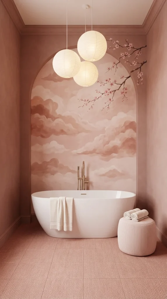  Blush pink soaking tub in an arched niche beneath a cherry blossom cloud mural and paper lanterns 