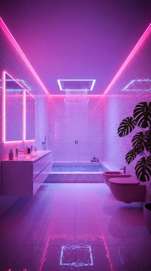  Neon magenta and violet lit wet room bathroom with sunken tub and rain shower on white tile 