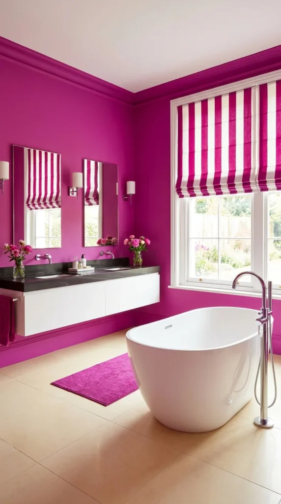  Saturated fuchsia bathroom with striped pink and white roman shades and a white freestanding tub 
