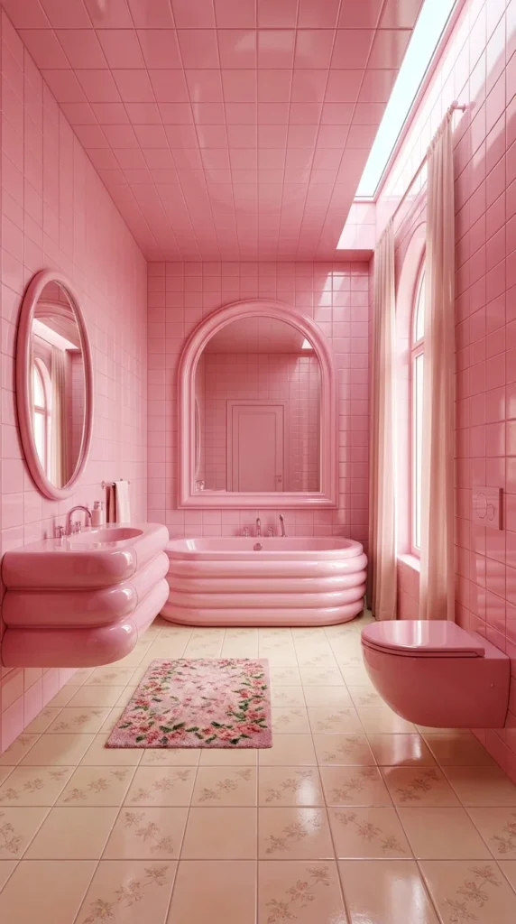  Retro bubblegum pink tile bathroom with ribbed ceramic tub, matching sink, and floral rug 