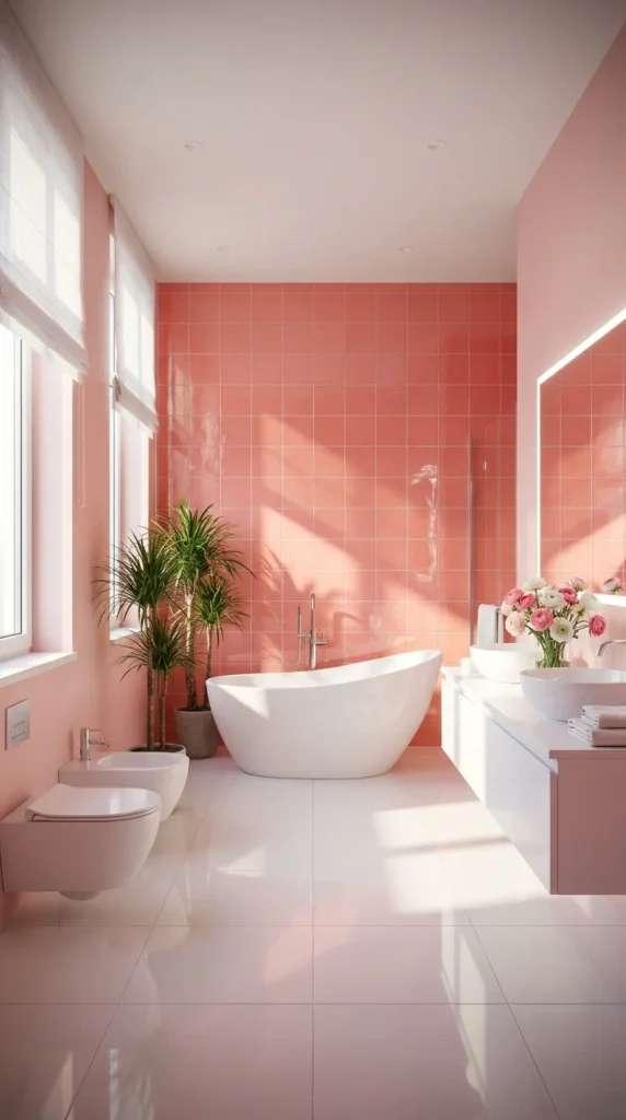 White bathroom with a coral pink tiled accent wall, oval freestanding tub, and round vessel sinks