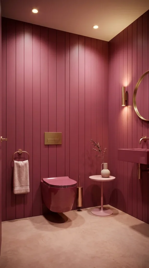  Raspberry wine powder room with vertical wood paneling, brass mirror, and pink wall-mount toilet 