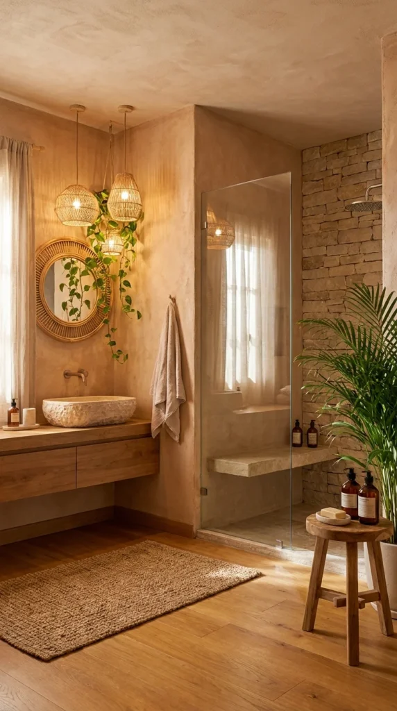 Boho bathroom with rattan pendant cluster, vine-draped mirror, and stone vessel sink