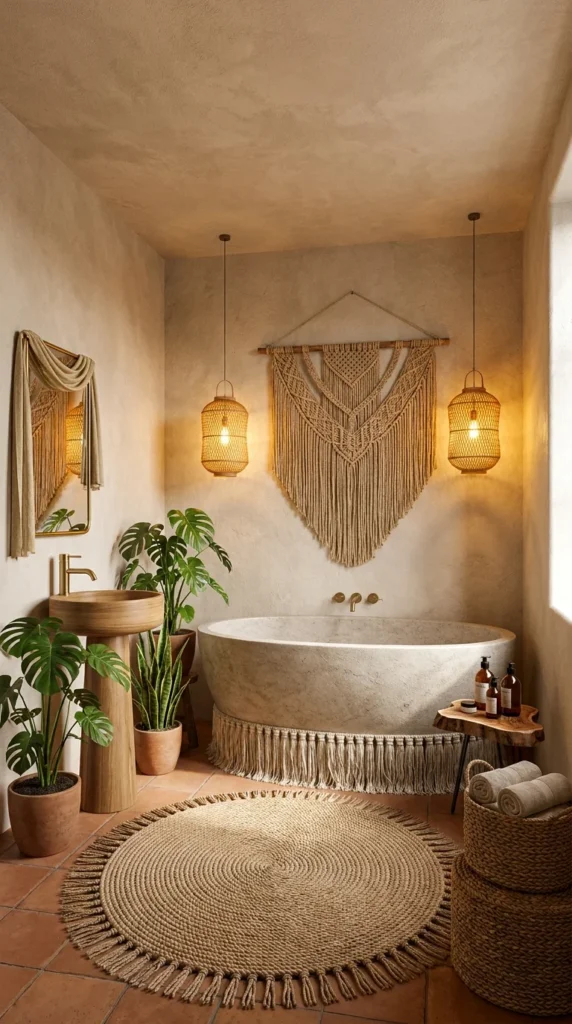  Freestanding tub with macramé skirt and matching wall hanging in terracotta bathroom 