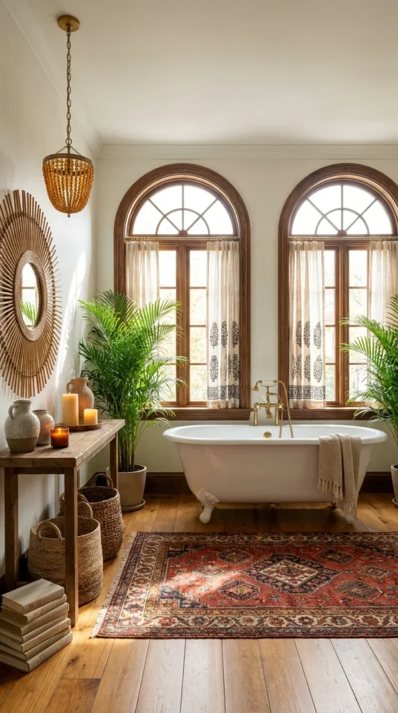  Bathroom with arched windows, clawfoot tub, and antique-style patterned rug 