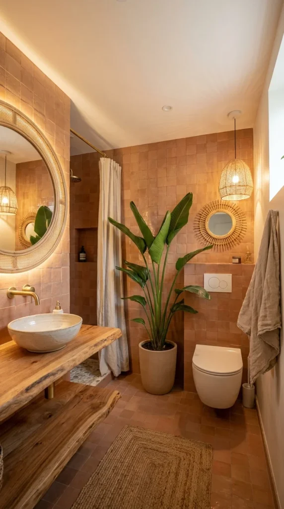 Small boho bathroom with terracotta zellige tile and two round rattan mirrors