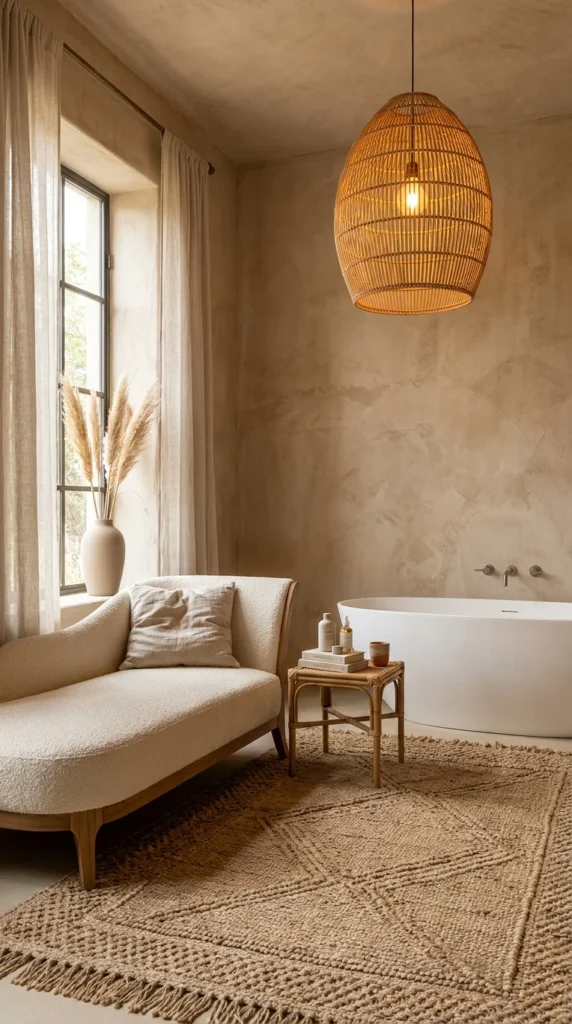  Minimalist bathroom with boucle chaise lounge beside a sculptural freestanding tub