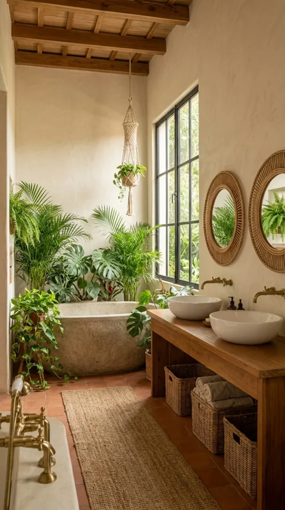 Plant-filled boho bathroom with hand-hewn stone tub and double rattan mirrors