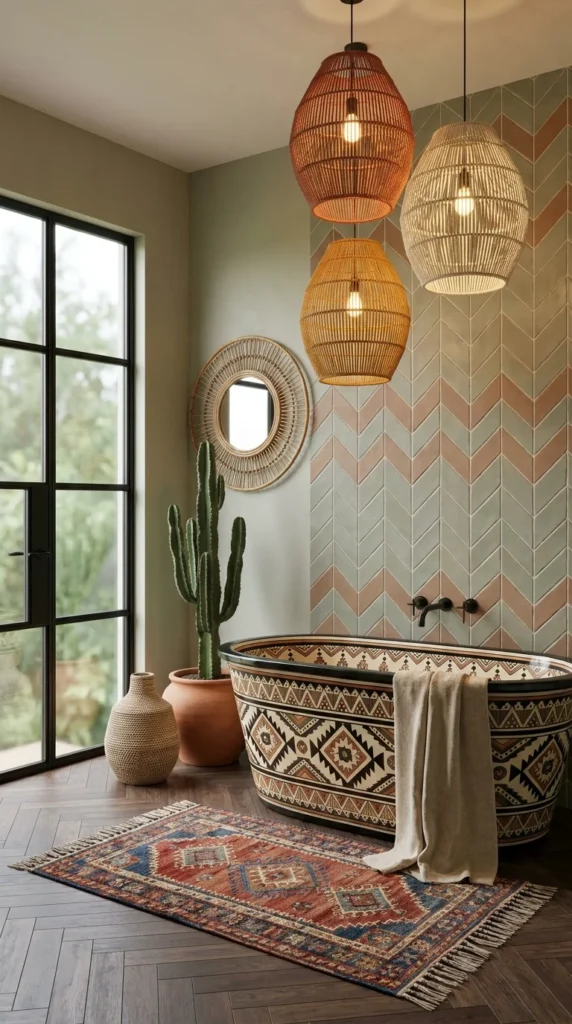 Bold hand-painted patterned tub with chevron tile wall and layered rattan pendants 