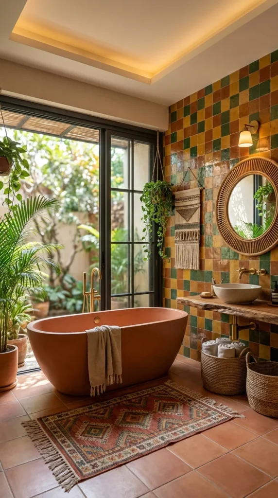Terracotta tub beside glass sliding door with checkerboard tile wall and garden view