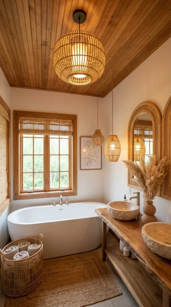 Bathroom with wood tongue-and-groove ceiling and layered woven pendant lights