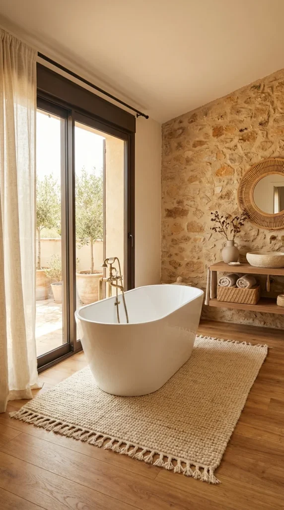 Bathroom with natural fieldstone wall and glass door opening to an olive grove terrace