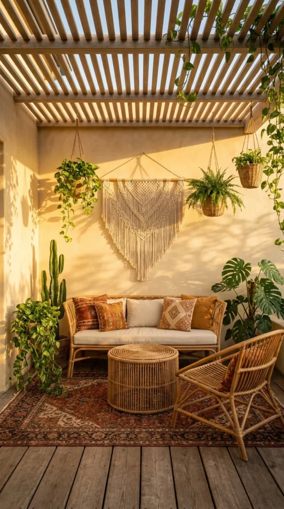  Boho patio with macrame wall hanging under wood pergola and rattan seating
