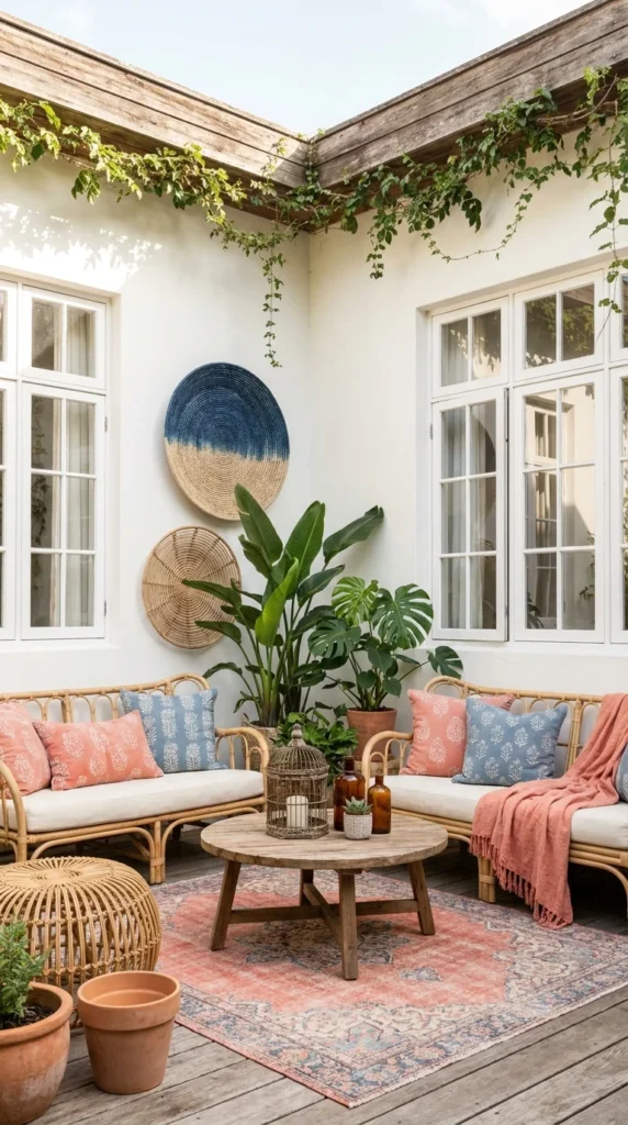 Boho courtyard with blush pink and dusty blue block-print pillows and woven wall discs