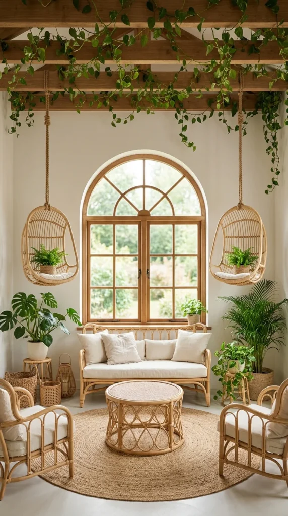  Two rattan hanging egg chairs framing an arched window in a boho sunroom