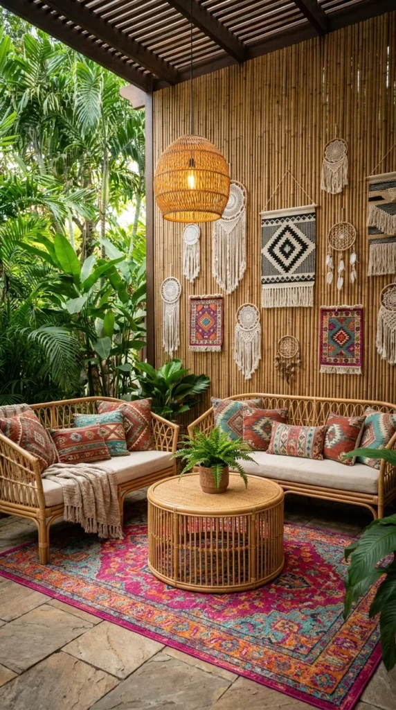 Bamboo wall covered with macrame hangings and dreamcatchers over rattan patio seating 