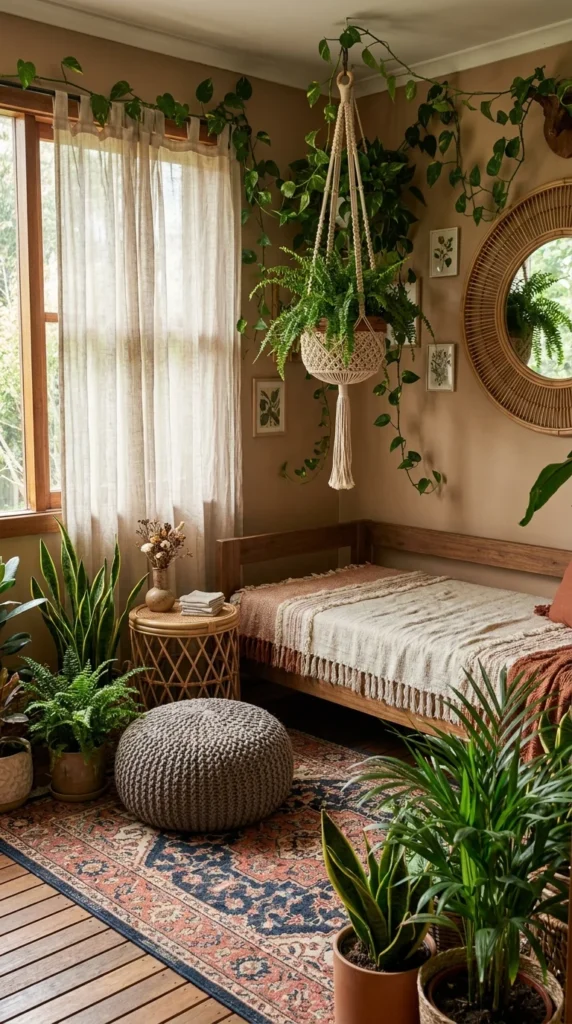  Boho bedroom nook with macrame plant hanger and dense potted greenery