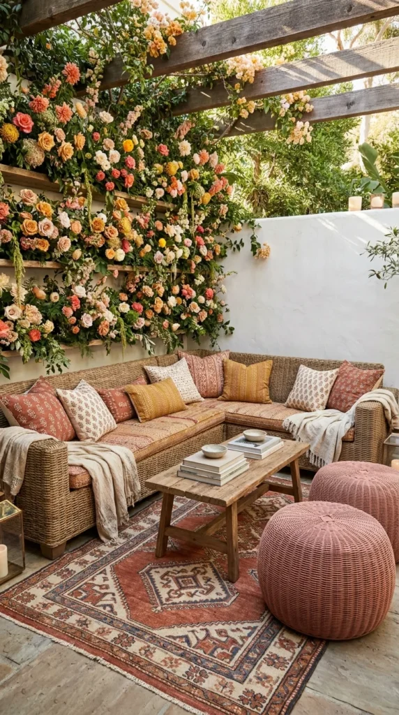 Pergola patio with dense flower wall of roses and dahlias above wicker sectional seating