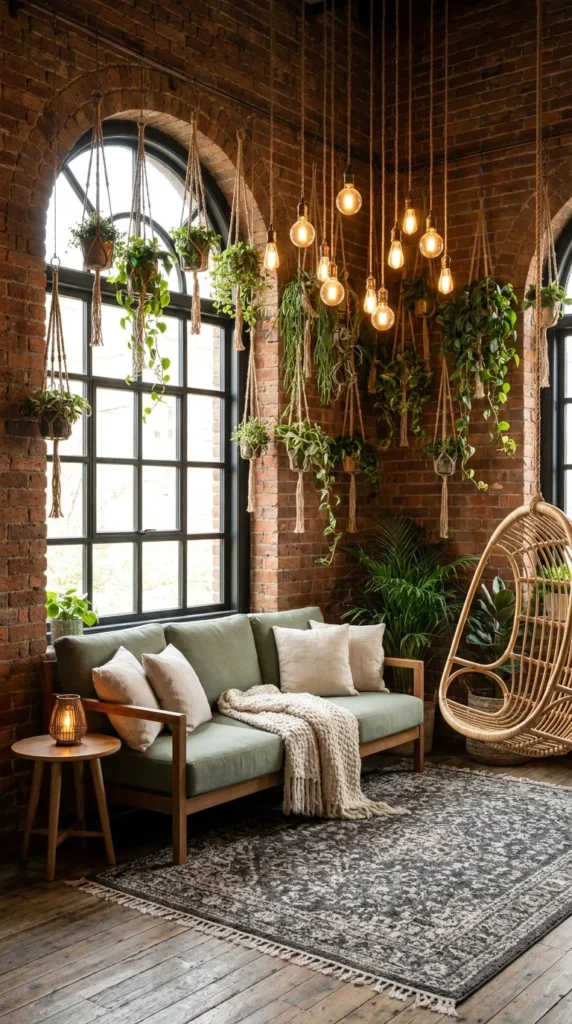  Industrial loft with exposed brick, hanging plants, string lights, and rattan chair