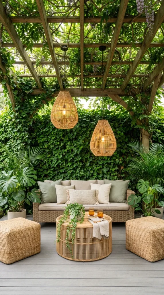  Wisteria-covered pergola with rattan pendant lights over wicker patio seating